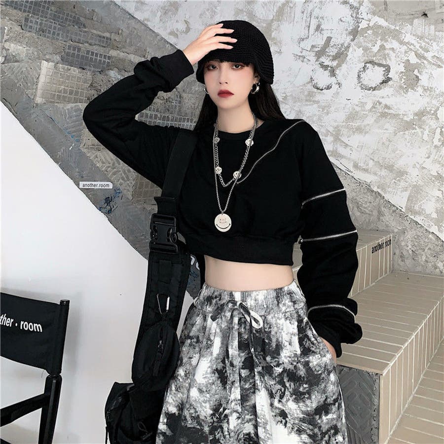 袖ジップショート丈トップス 韓国 ストリート 肌見せ レディース