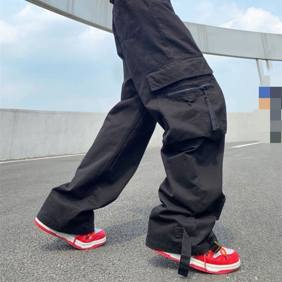裾ベルトカーゴパンツ 韓国 ストリート レディース ルーズ