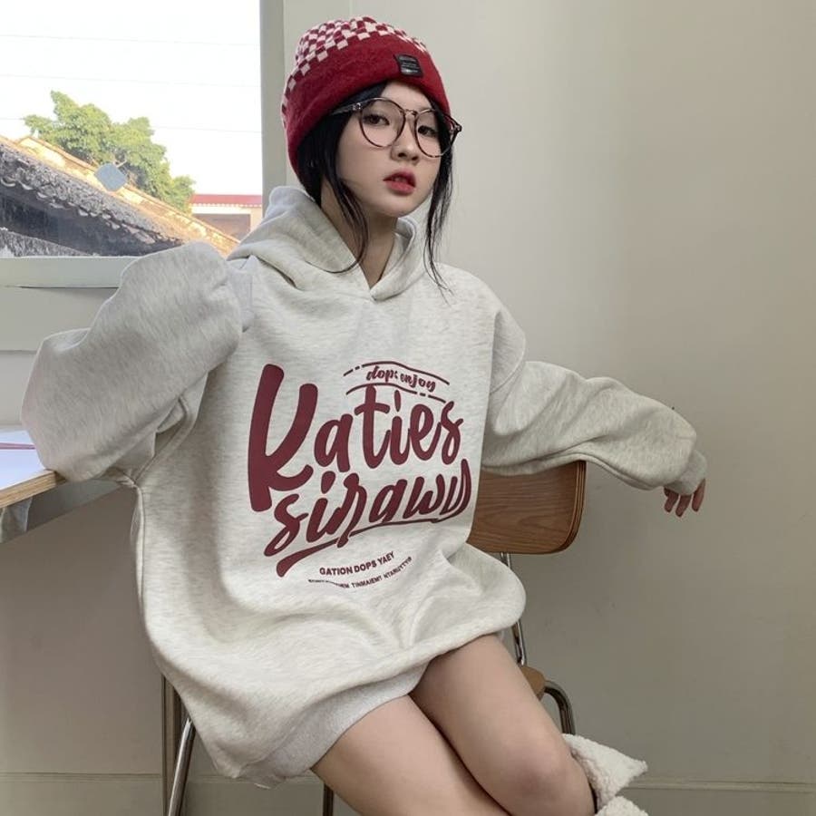 Katiesロゴトフーディー 韓国 パーカー プルオーバー レディース