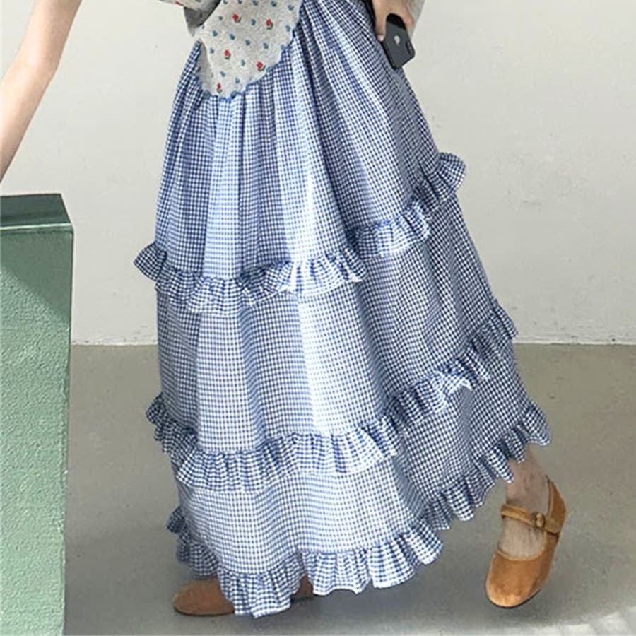 ギンガムチェックフリルティアードロングスカート ガーリー カジュアル  