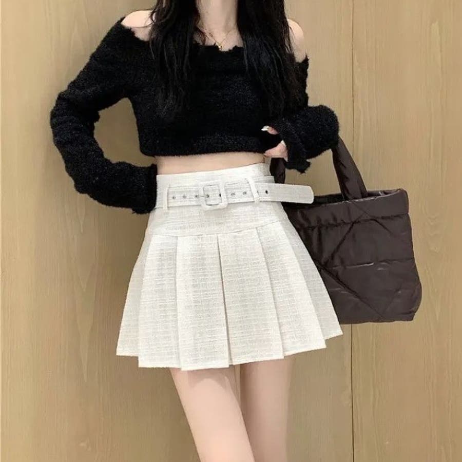 ベルト付きプリーツミニスカート 韓国 Y2K レディース モノトーン  