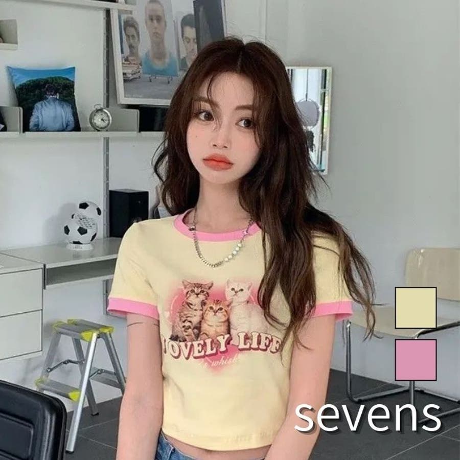 キャットハートリブちびT 韓国 レディース Y2K ストリート[品番
