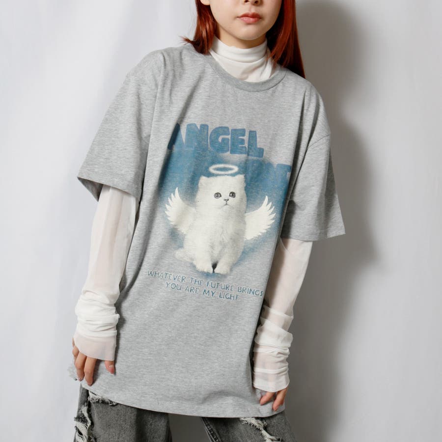 国産品 エンジェルキャットTシャツ 韓国 アニマル ストリート ガーリー トップス