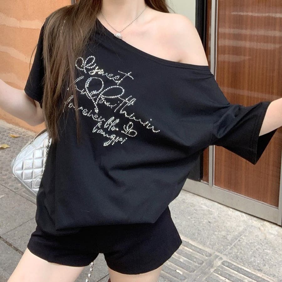 人気定番 キラキラストーンロゴワイドネックTシャツ[品番：SHNW0012465 Tシャツ(半袖+袖なし)