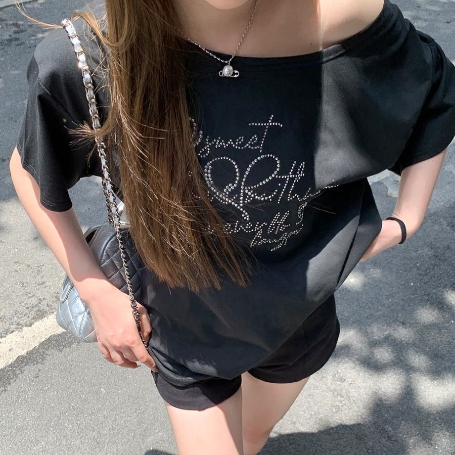【利益還元祭】開催中！今年最後の大セール キラキラストーンロゴワイドネックTシャツ[品番：SHNW0012465 Tシャツ(半袖+袖なし)