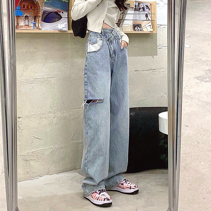 変形ウエストダメージデニムワイドパンツ 春 夏[品番 変形ウエストダメージデニムワイドパンツ 春 夏[品番