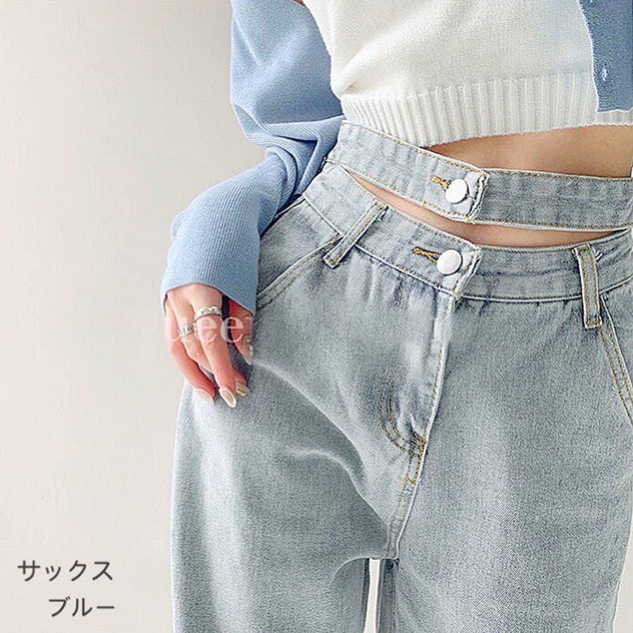 女性が喜ぶ♪ Wハイウエスト開きダメージデニムワイドパンツ 韓国ファッション パンツ