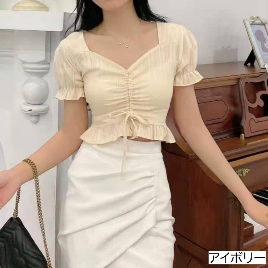 フロントシャーリングペプラムトップス ドローストリング ショート丈  