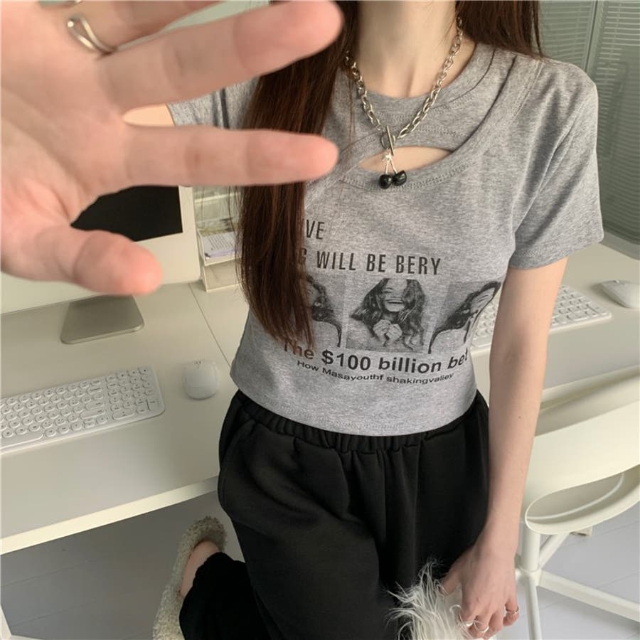 フォトプリント肌見せTシャツ トップス カットソー[品番：SHNW0006951