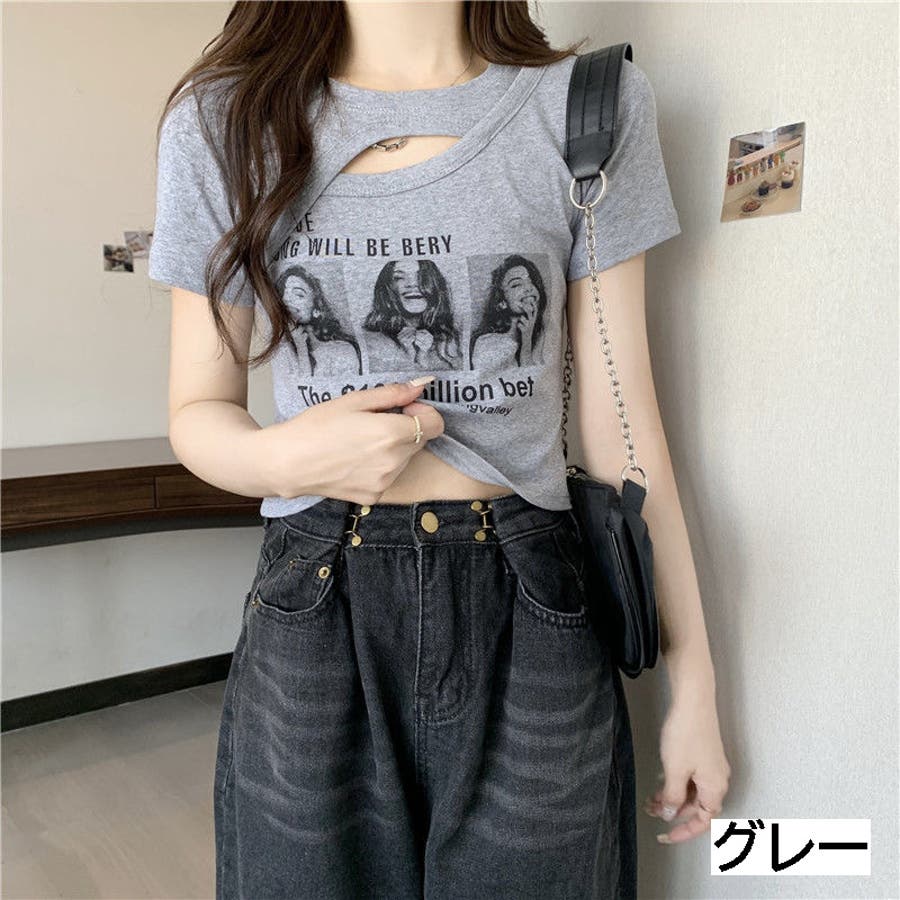 フォトプリント肌見せTシャツ トップス カットソー[品番：SHNW0006951