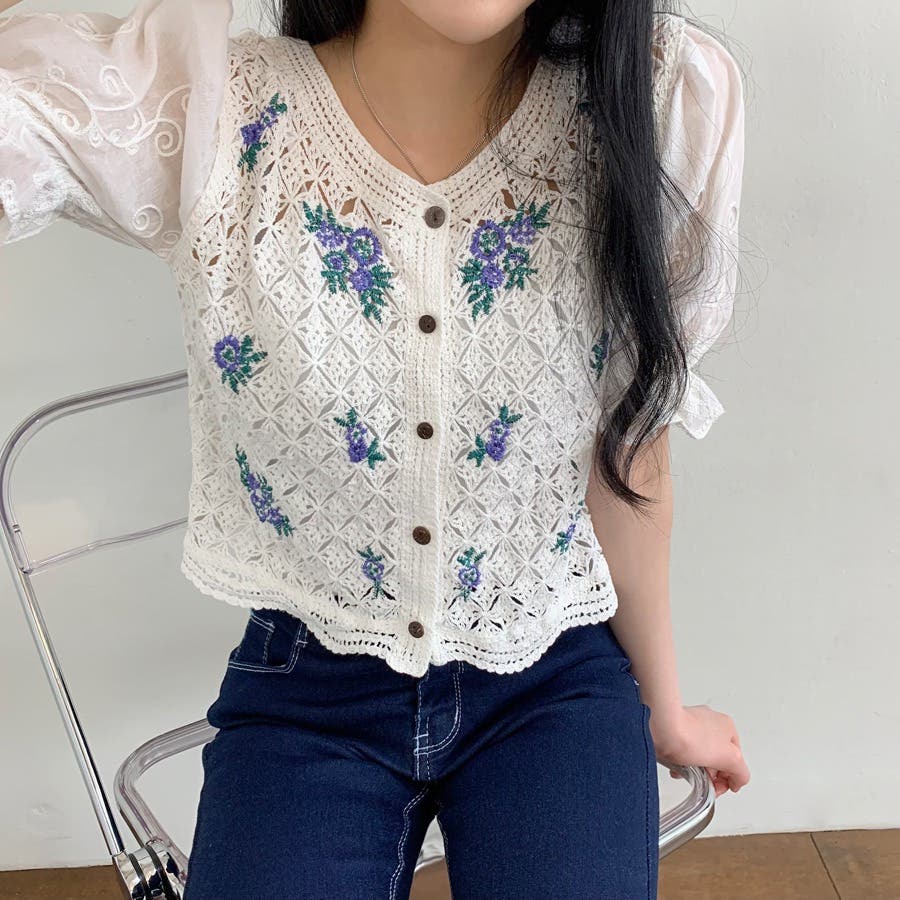 クロシェ編みフラワー刺繍トップス ししゅう ドッキング[品番 クロシェ編みフラワー刺繍トップス ししゅう ドッキング[品番