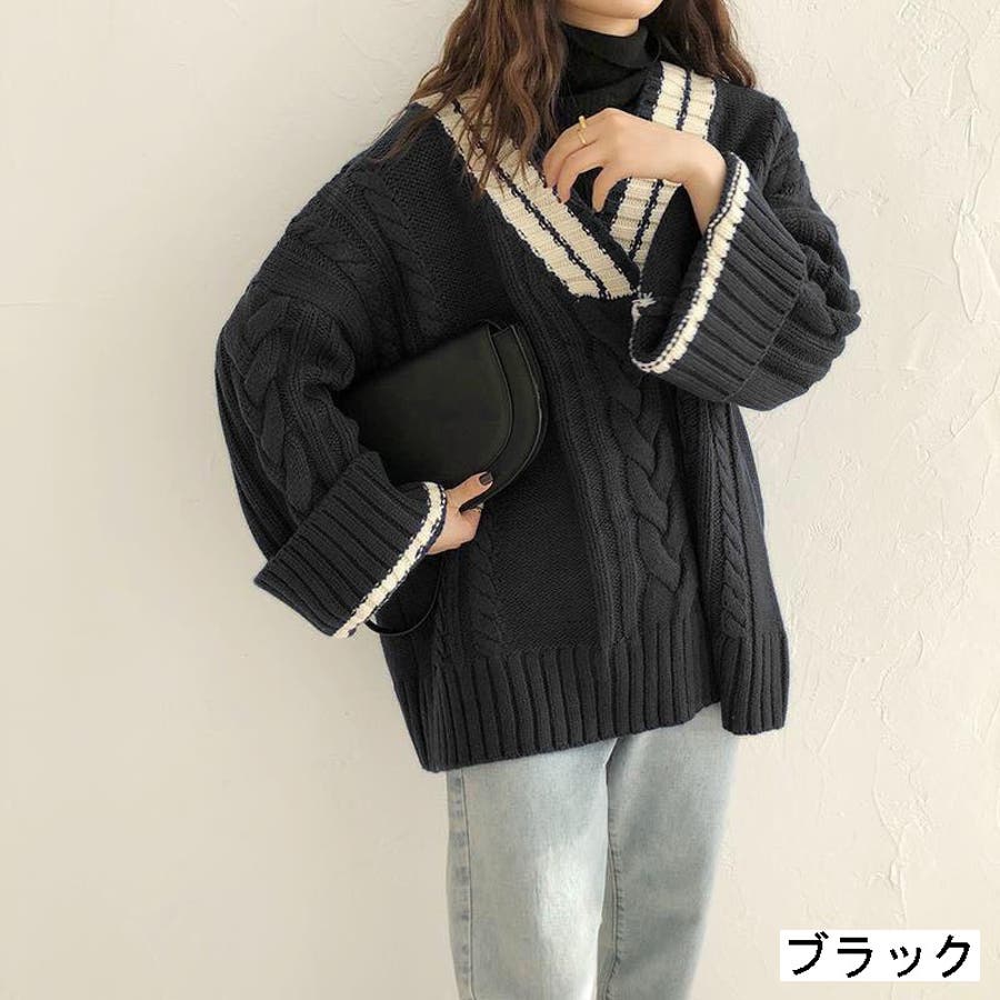 太Vネックケーブルニット[品番：SHNW0008148]｜LADY LIKE