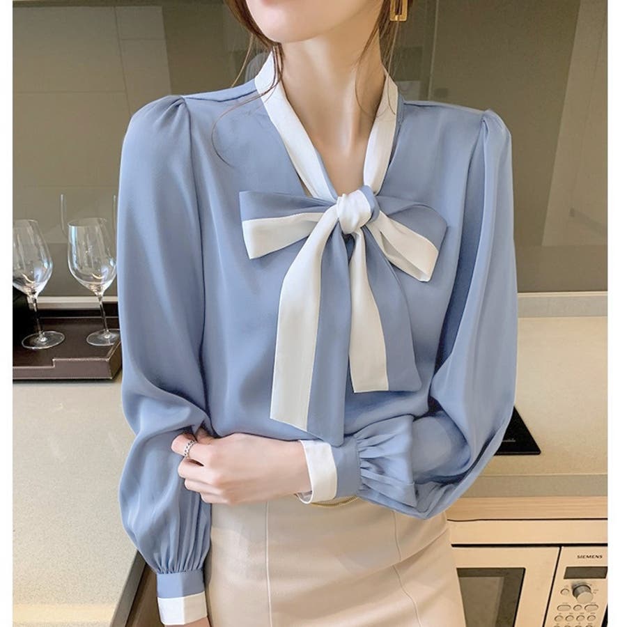 送料無料 通販 激安 バイカラーリボンタイブラウス[品番：SHNW0008814]｜LADY LIKE シャツ/ブラウス(長袖/七分)