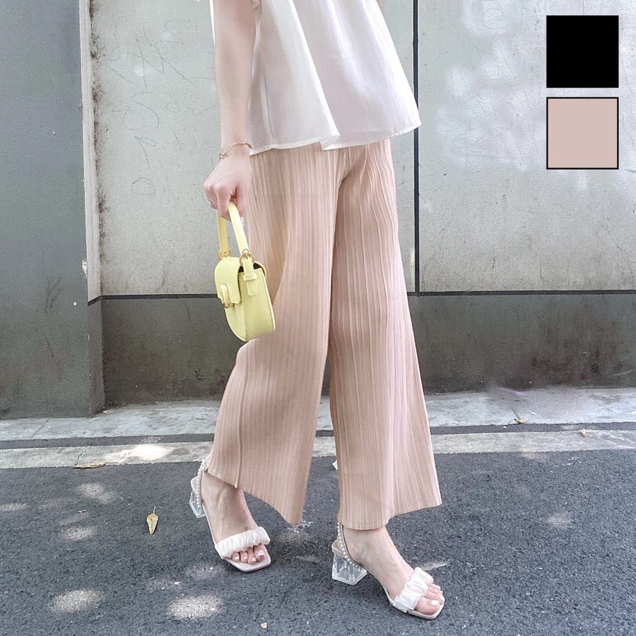 美品 プリーツプリーズ ロングプリーツパンツ 伸縮性 春夏 アイボリー