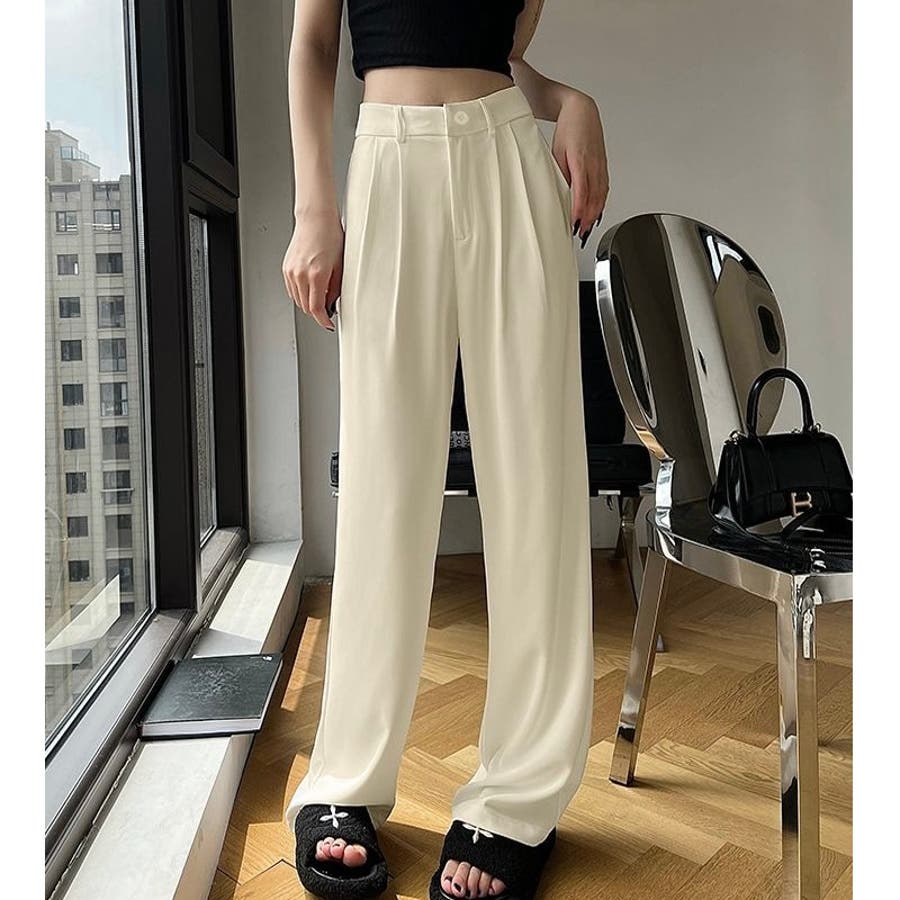 タック入りハイウエストテーパードパンツ ワイドパンツ ゆったり[品番