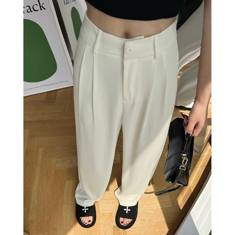 タック入りハイウエストテーパードパンツ ワイドパンツ ゆったり[品番