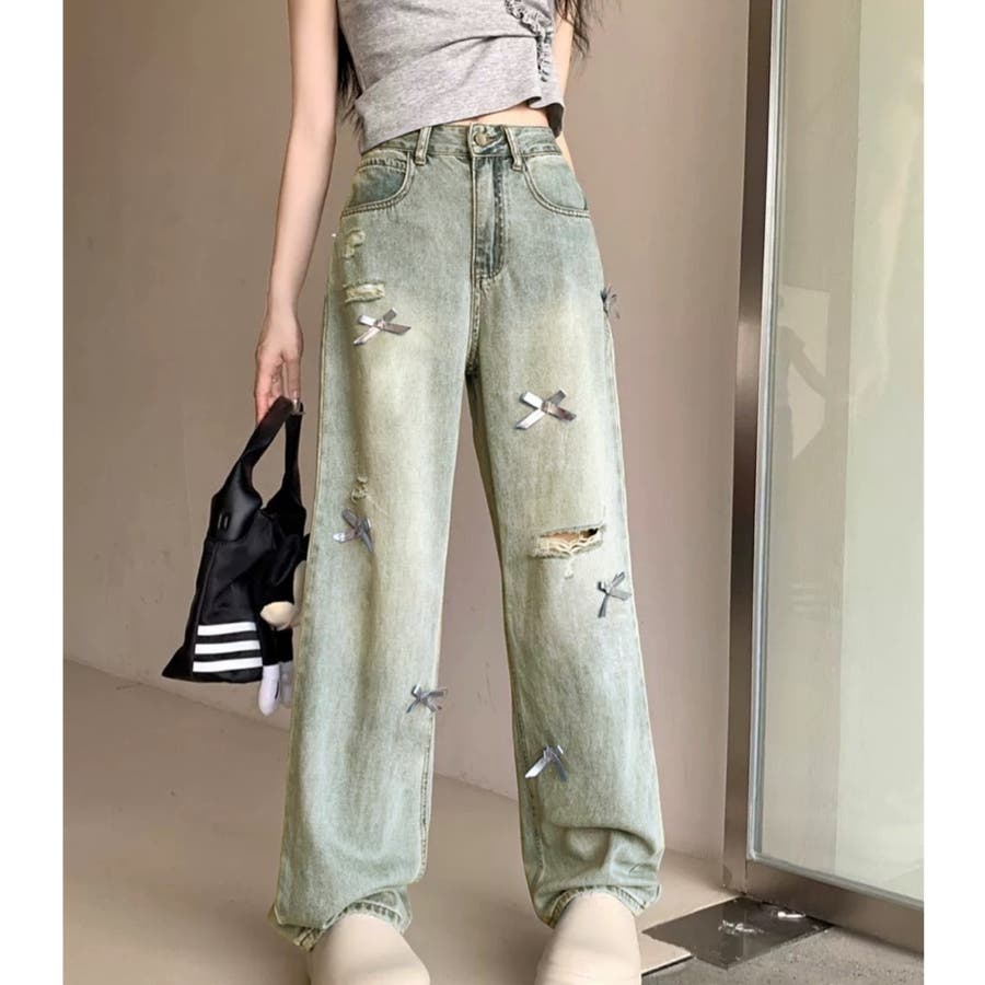 ダメージ加工リボン付きワイドデニム[品番：SHNW0011317]｜LADY