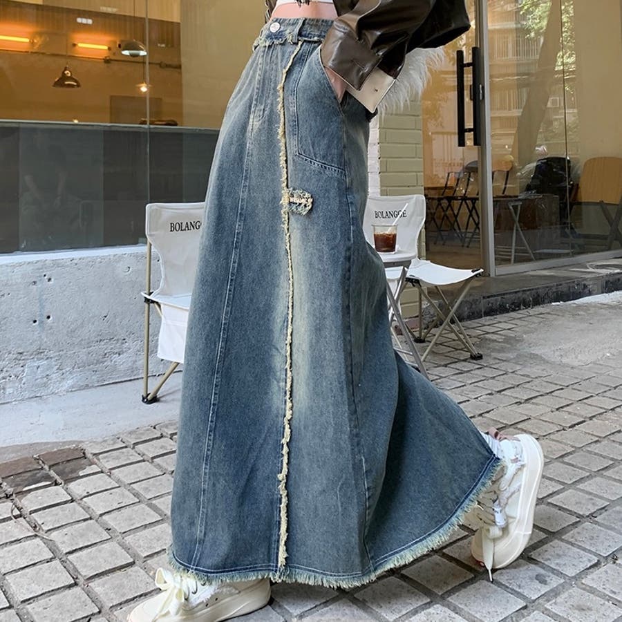 デニムフリンジマキシスカート デニムスカート ロング マキシ ロング丈 フリンジ スカート レディース