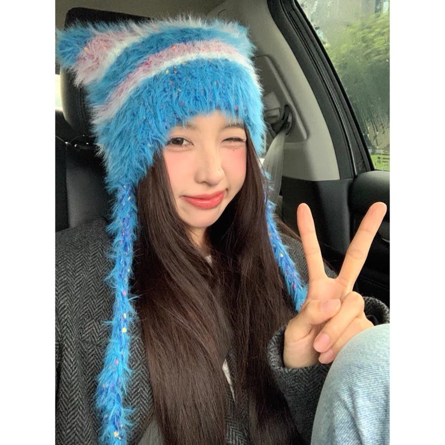 ゴシックパンクロックサイドチェーンラビットイヤーボーダーシャギーニット帽ピンク黒 ゴシックパンクロックサイドチェーンラビットイヤーボーダー