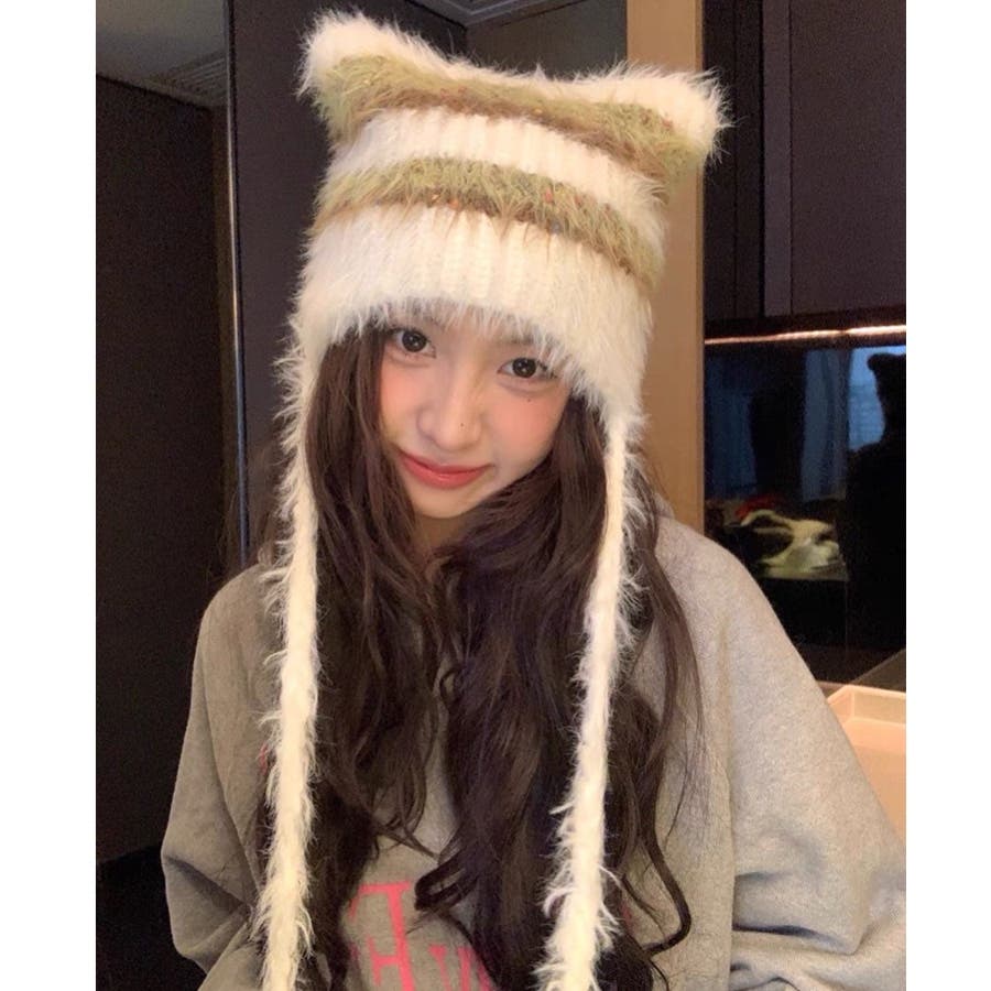 シャギーボーダー猫耳ニット帽[品番：SHNW0011736]｜LADY LIKE