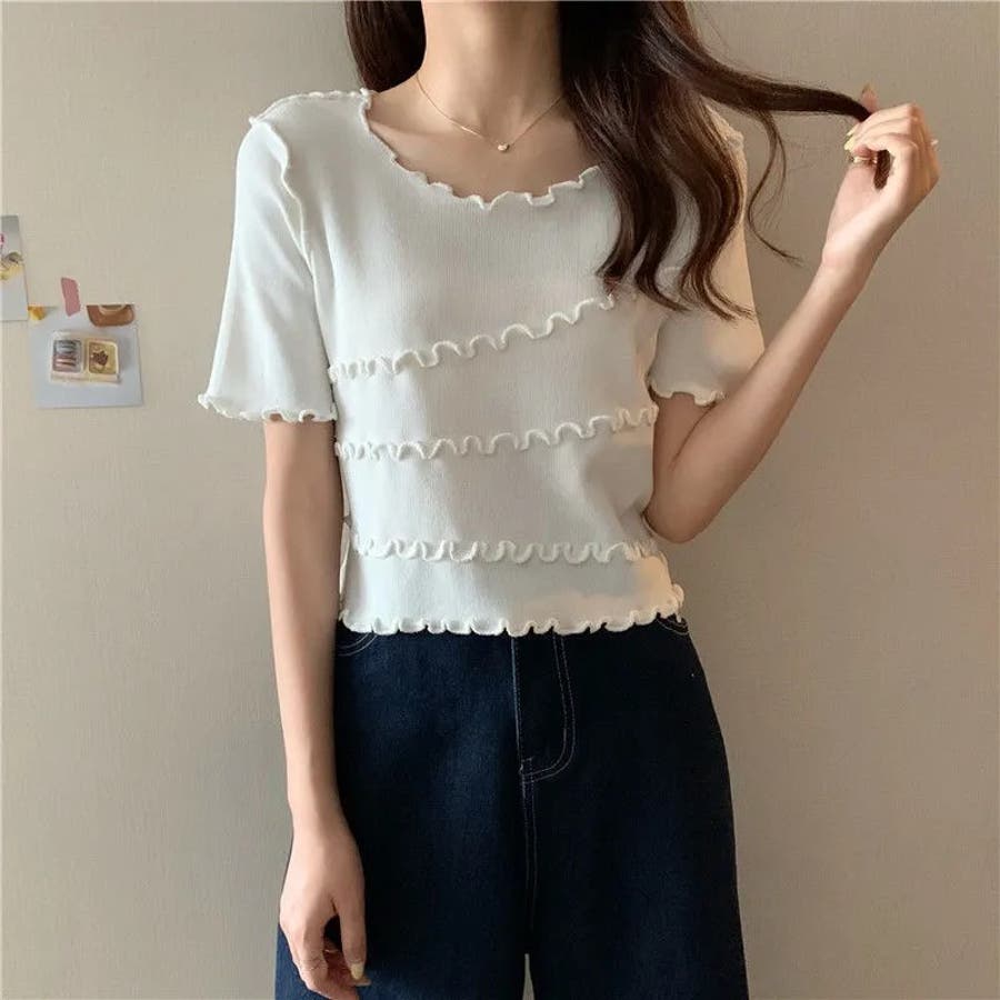 ショット丈半袖ニットトップス 韓国ファッション 夏服[品番