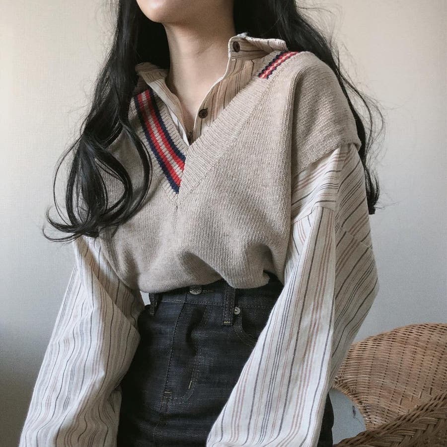 2点セット シャツ+ロングニットベスト 韓国ファッション[品番