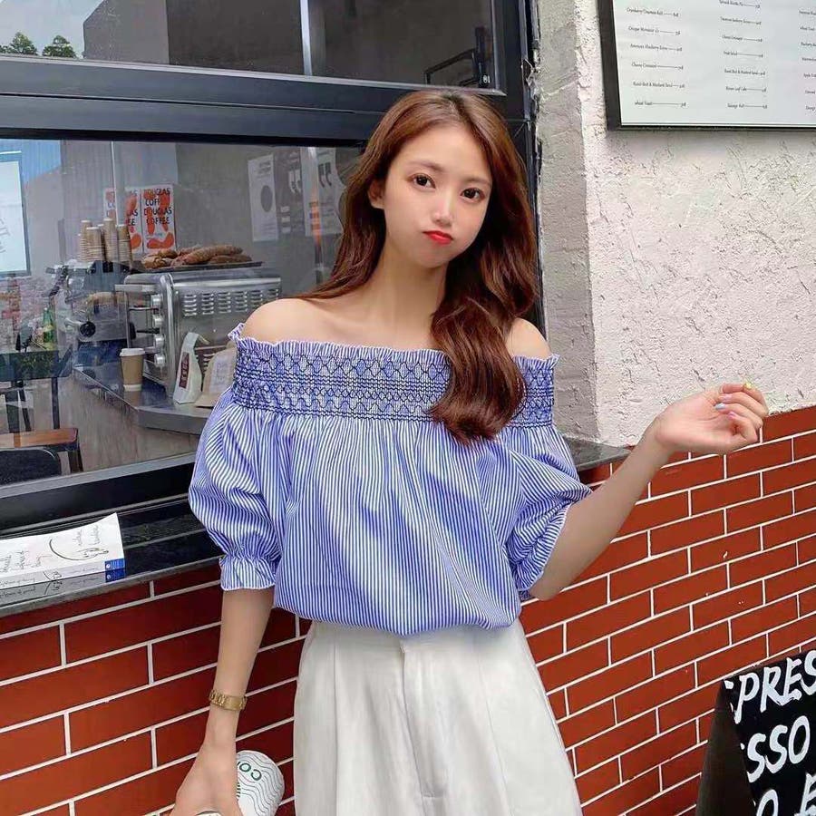 ストライプシャーリングオフショルトップス[品番：SHNW0003238