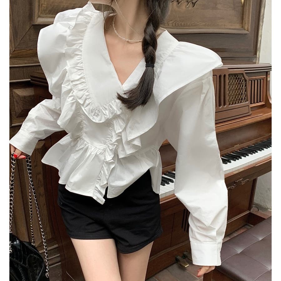 【美品】ミッソ　韓国　フリル袖ペプラム白トップス ファッション ショッピングゴー shoppinggo 韓国ファッション 夏新作 ブラウス