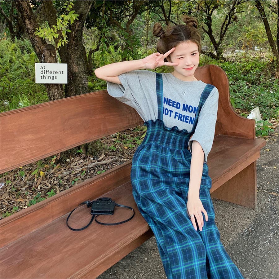 チェック柄オールインワン サロペット 韓国ファッション[品番