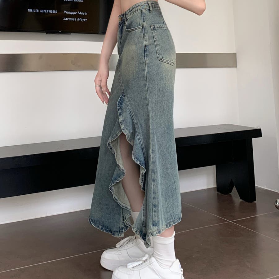 フリルオープンロングデニムスカート 韓国ファッション 韓国[品番