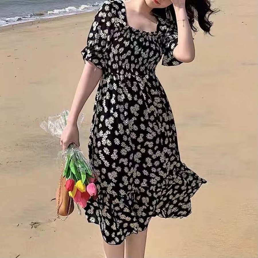 花ロングワンピース 韓国ファッション 花柄[品番：SHNW0003301