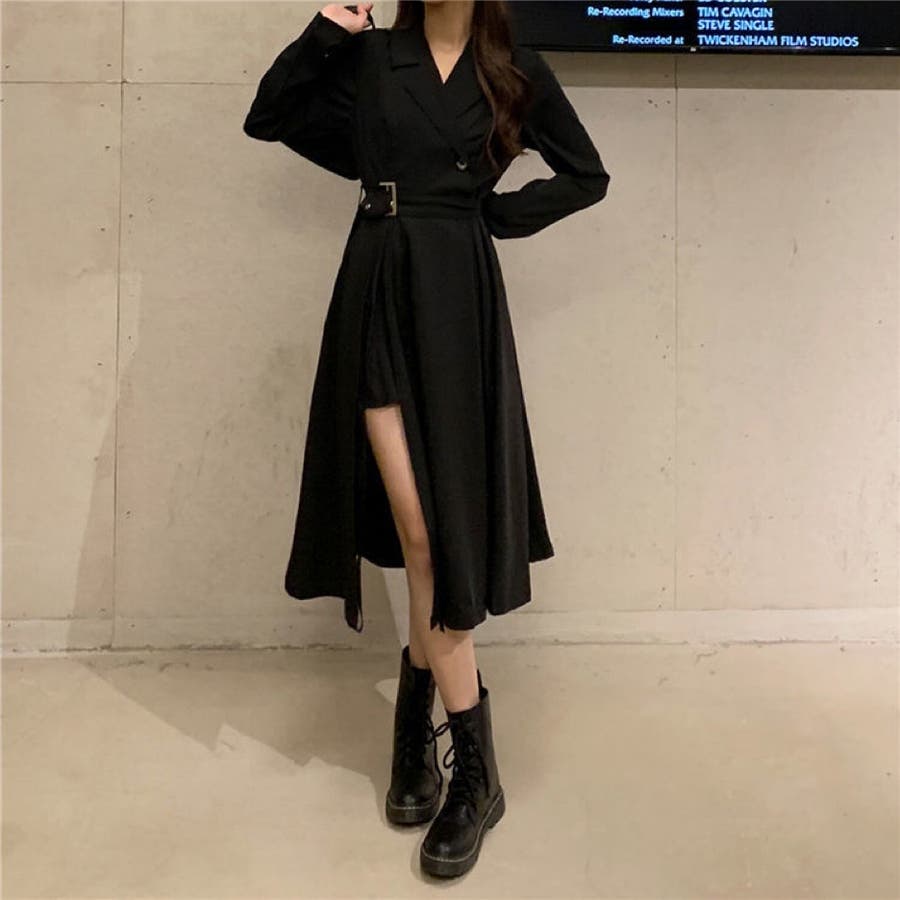ベルド付きジャケット衿デザインワンピース 韓国ファッション 春[品番