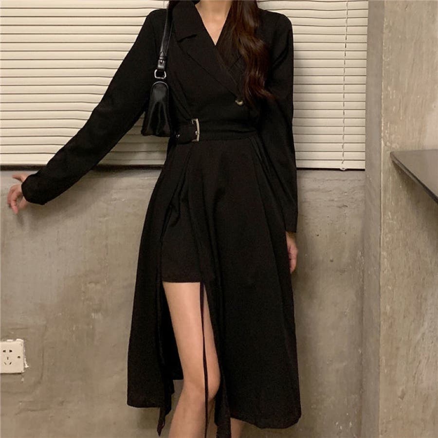 ベルド付きジャケット衿デザインワンピース 韓国ファッション 春[品番