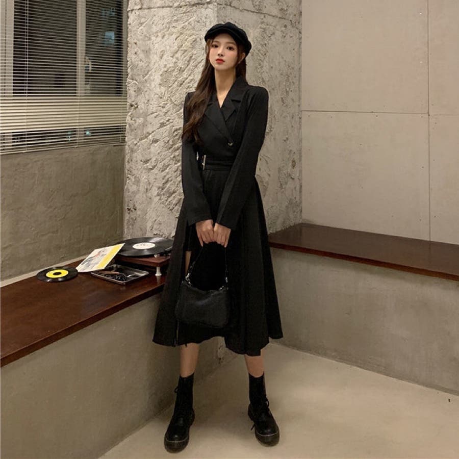 ベルド付きジャケット衿デザインワンピース 韓国ファッション 春