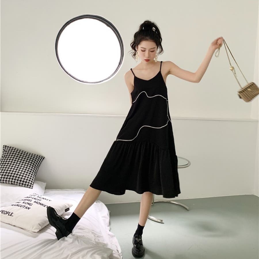 デザインキャミワンピース 韓国ファッション 夏服[品番：SHNW0007273