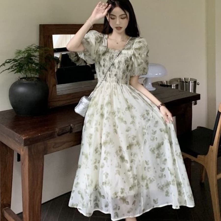 花柄シアーワンピース 韓国ファッション 夏服[品番：SHNW0010955 