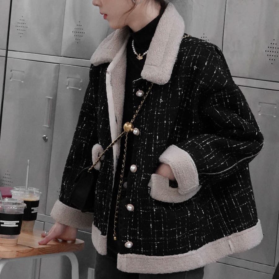 ツイードボアジャケット 韓国ファッション 冬コート[品番
