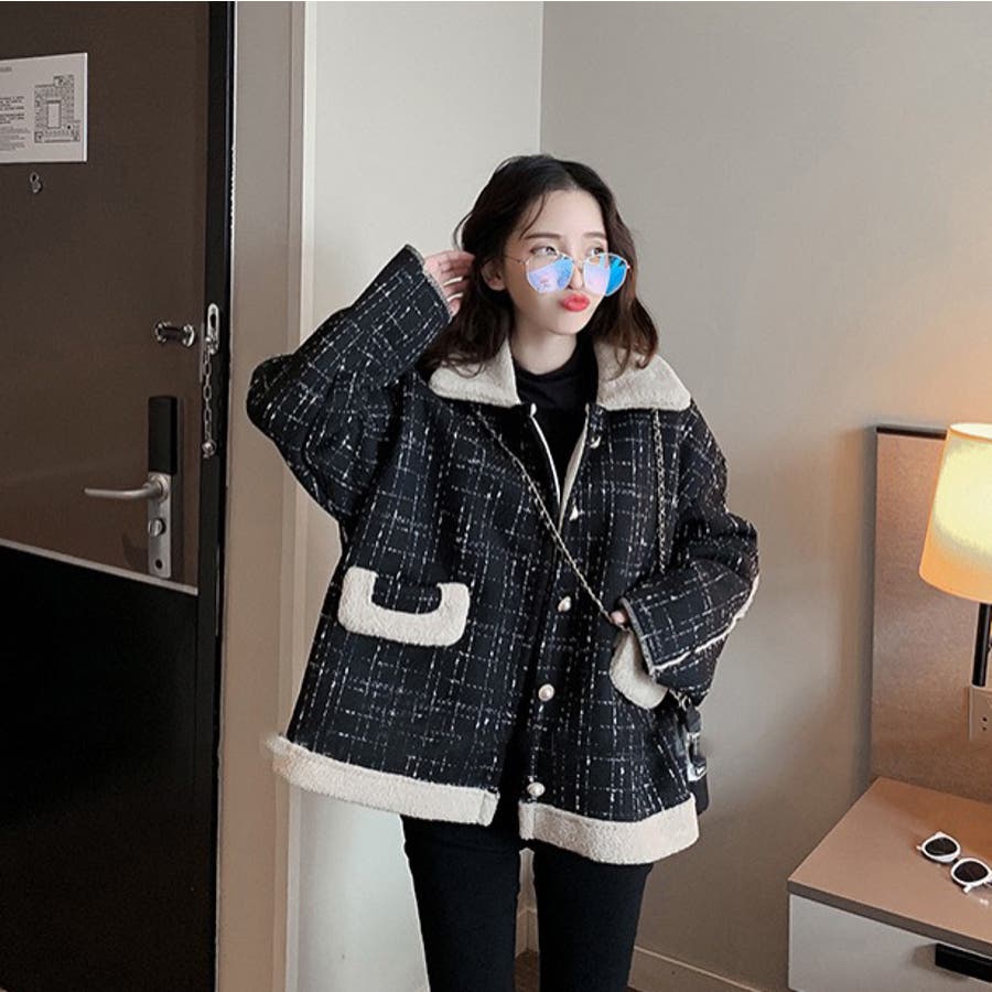 【ブラック】ツイードボアジャケット 韓国ファッション 冬コート ...