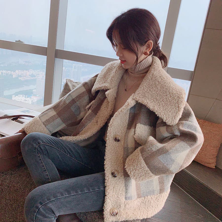 チェック柄ボアブルゾン 韓国ファッション トップス[品番：SHNW0004016