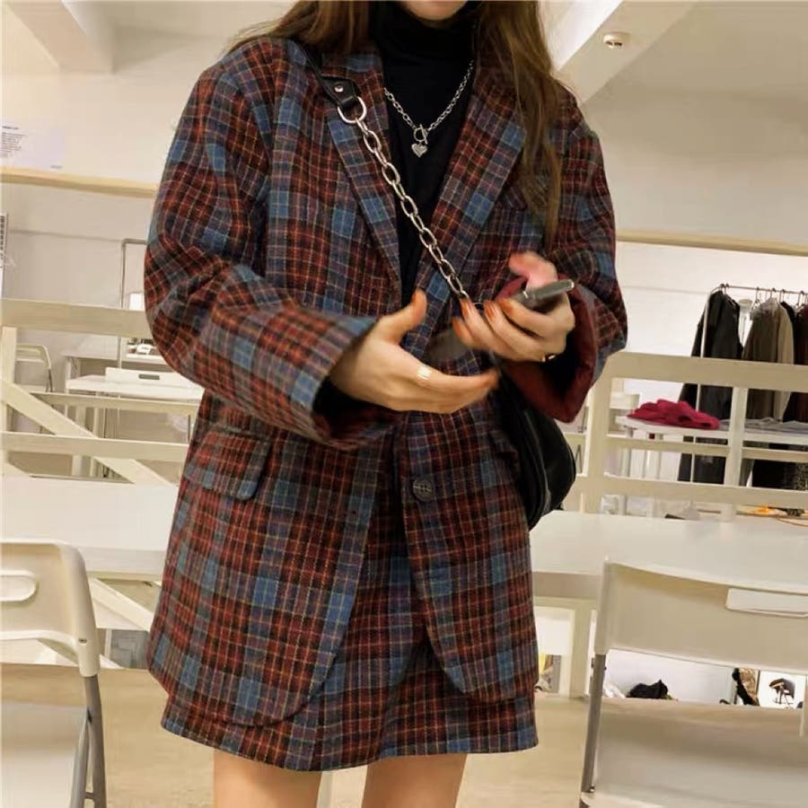 チェック柄テーラードジャケット+ミニスカート 韓国ファッション 