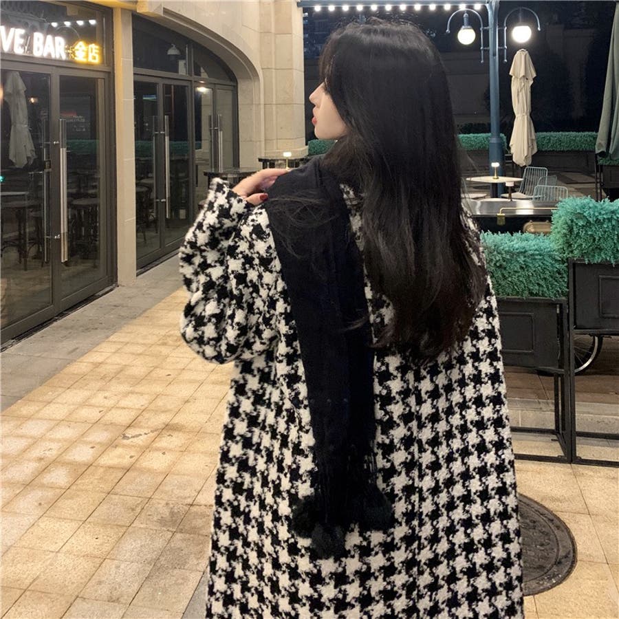 千鳥格子柄ロングコート 韓国ファッション 韓国