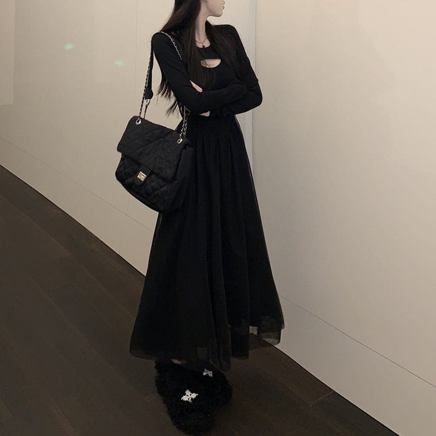 ロングフレアワンピース 胸開き レディース[品番：JRKW0004697