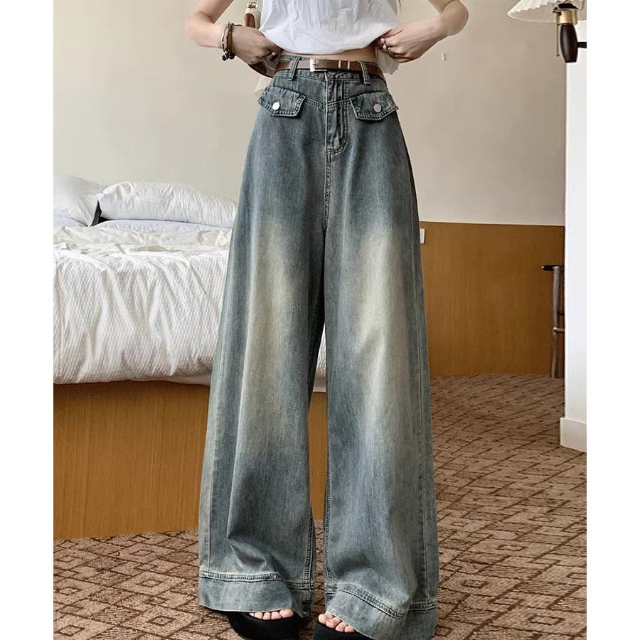 ワイドデニムパンツ ハイウエスト シンプルデニム[品番