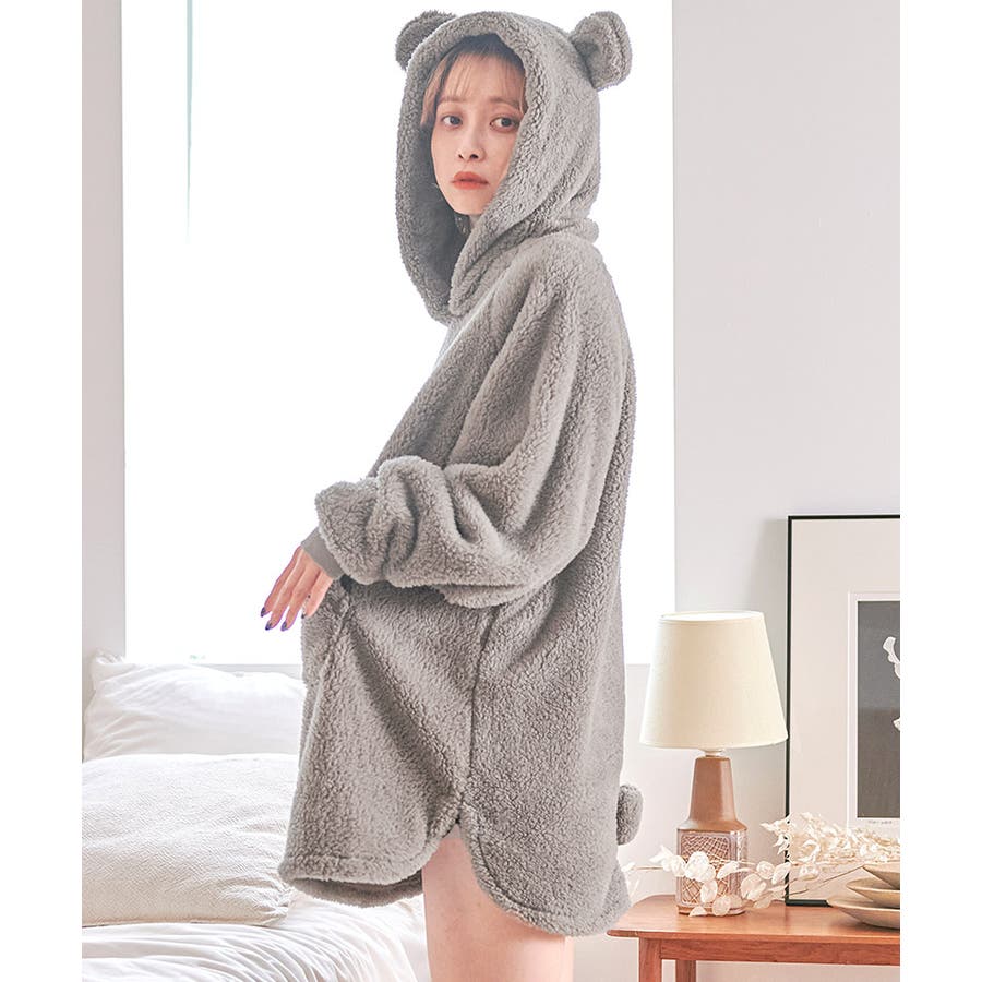 ルームウェア レディース くま耳ファー起毛パーカーワンピース[品番