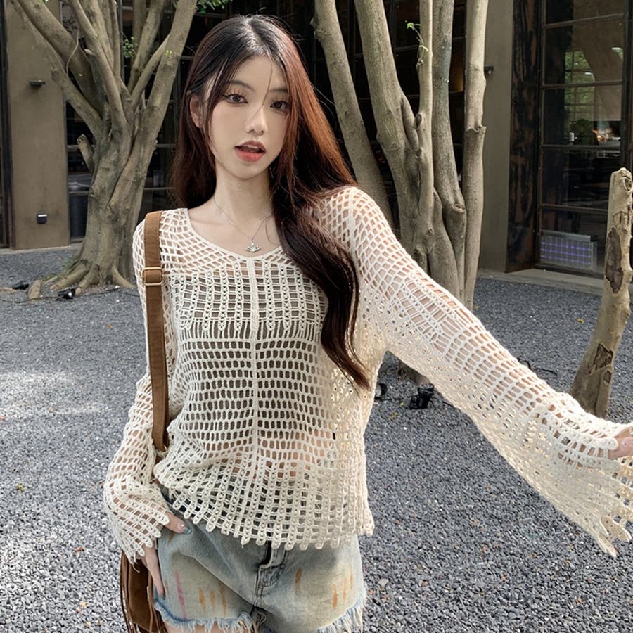 SHOPLIST限定】女性らしい大人っぽい透かし編みブラウス[品番