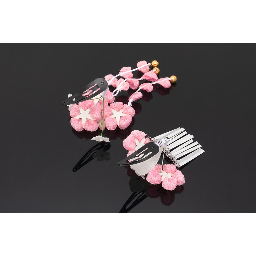 つまみ細工髪飾り2点セット 簪(かんざし) 七五三 縮緬 梅 花 ピンク