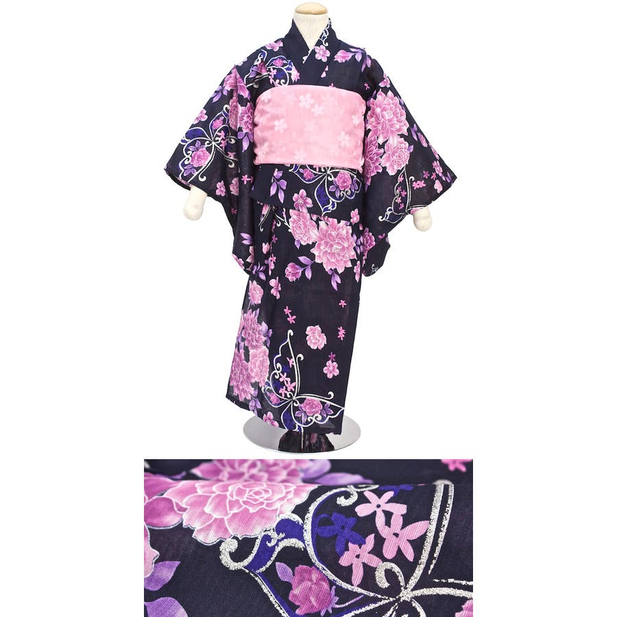 浴衣 子供 女の子 花柄 バラ 桜 蝶々 紅梅織り 藍色 ゆかた 女児