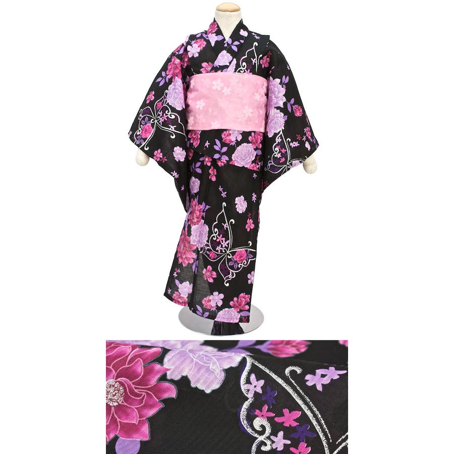 黒地にゴージャス可愛い蝶々×薔薇柄高級平織8点浴衣セット DB LX[