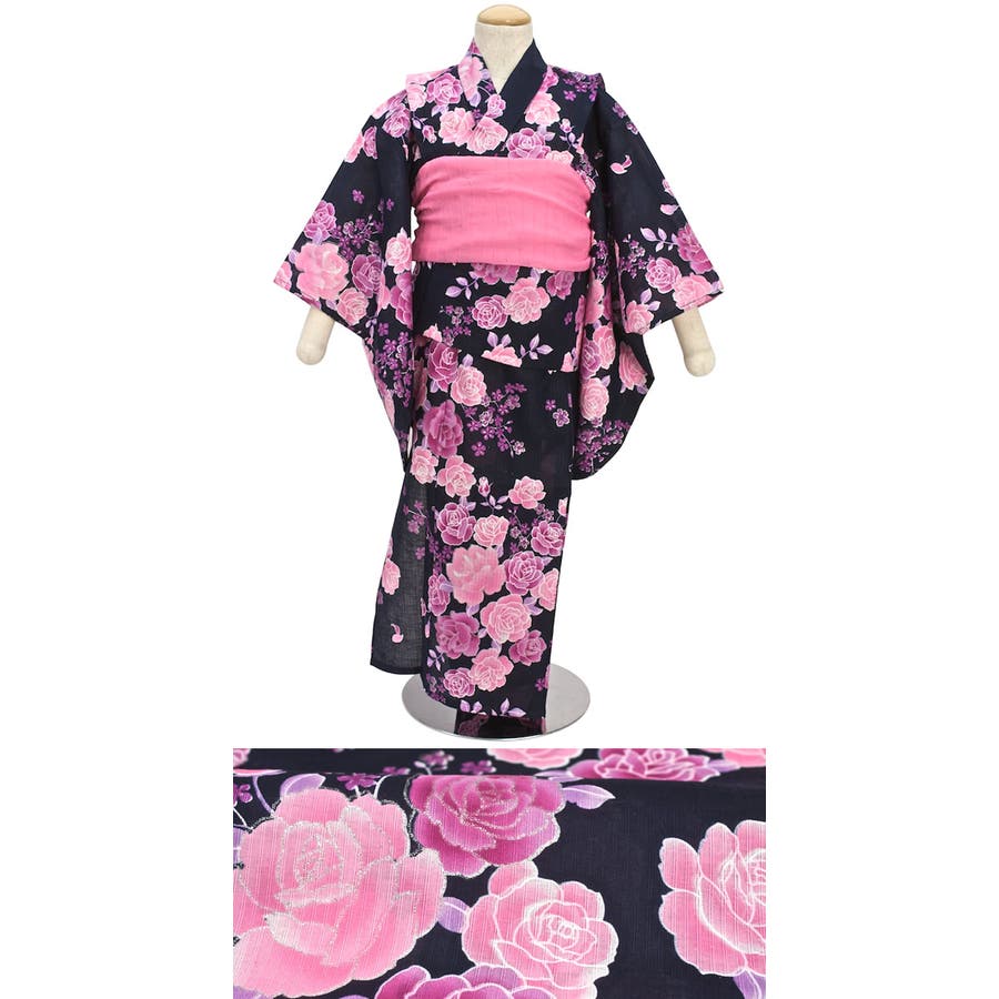 浴衣 子供 女の子 花柄 バラ 桜 蝶々 紅梅織り 濃紺 ゆかた 女児[品番