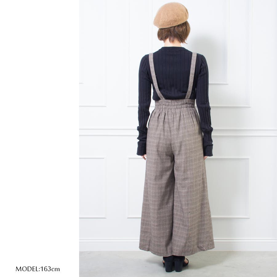 サスペンダー付グレンチェックハイウエストワイドパンツ[品番
